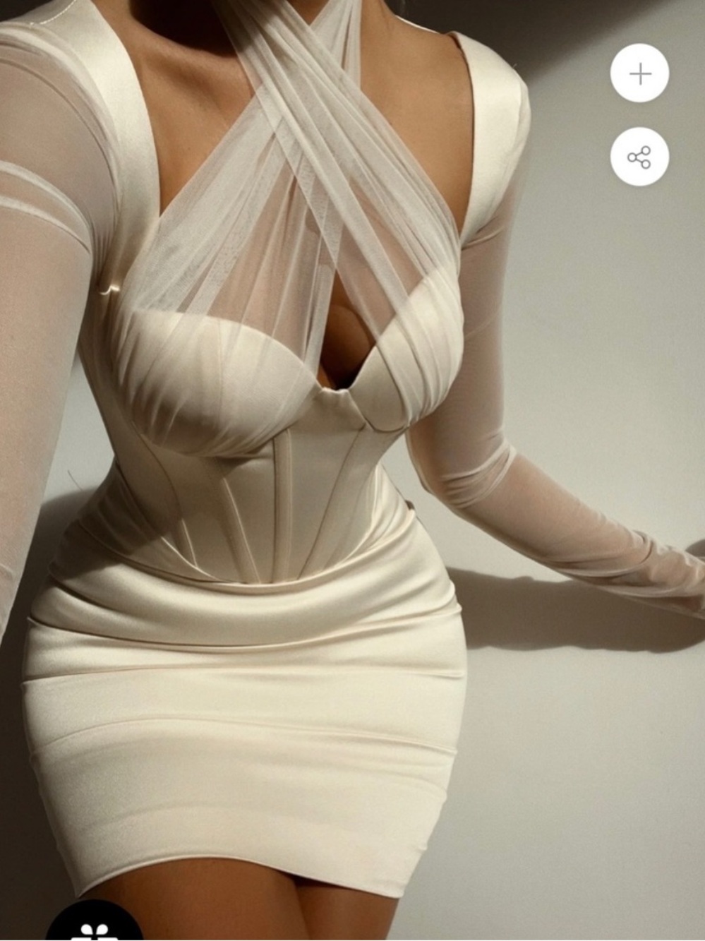 NWT MISS CIRCLE Jocelynn Beige Satin Mesh Long Sleeve Corset Dress Sexy Flirty L